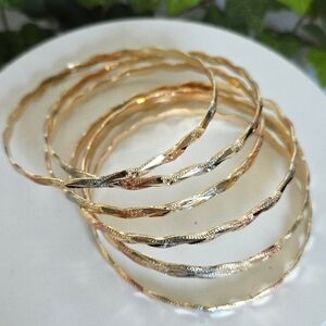 Set of Seven Tricolor Gold Filled Bangle Wave Design Bracelet